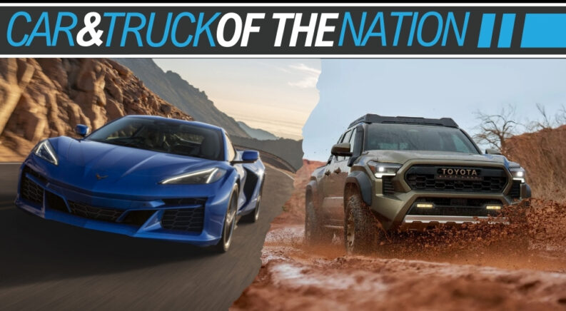 A blue 2024 Chevy Corvette E-Ray and a green 2024 Toyota Tacoma are shown under a Car and Truck of the Nation banner.