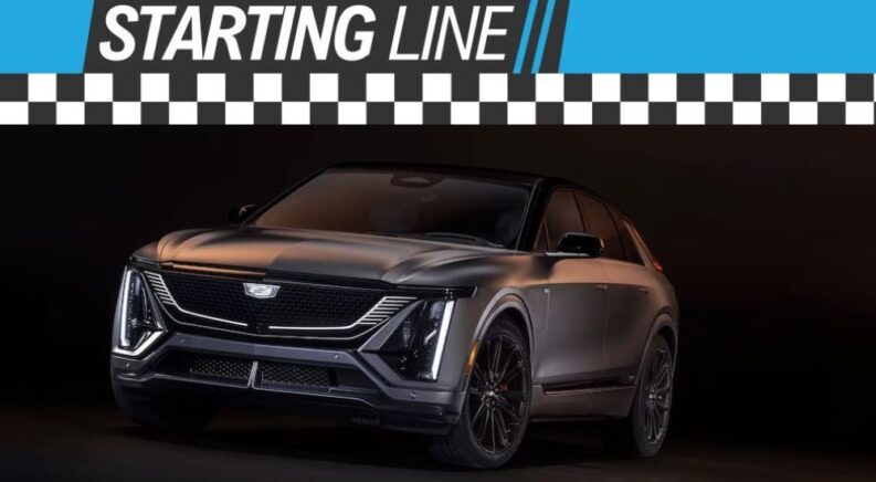 The Starting Line banner is shown above a gray 2026 Cadillac LYRIQ-V.