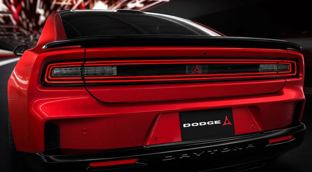 A close-up of the rear-end is shown on a red 2025 Dodge Charger Daytona.