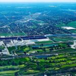 An aerial view of Indianapolis Motor Speedway.