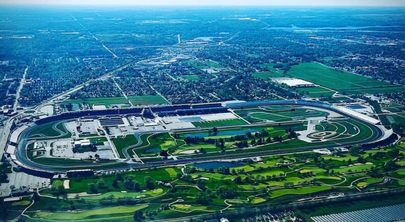 An aerial view of Indianapolis Motor Speedway.