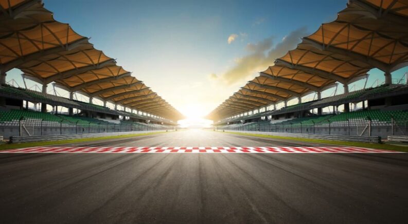 A finish line shown on a racetrack.