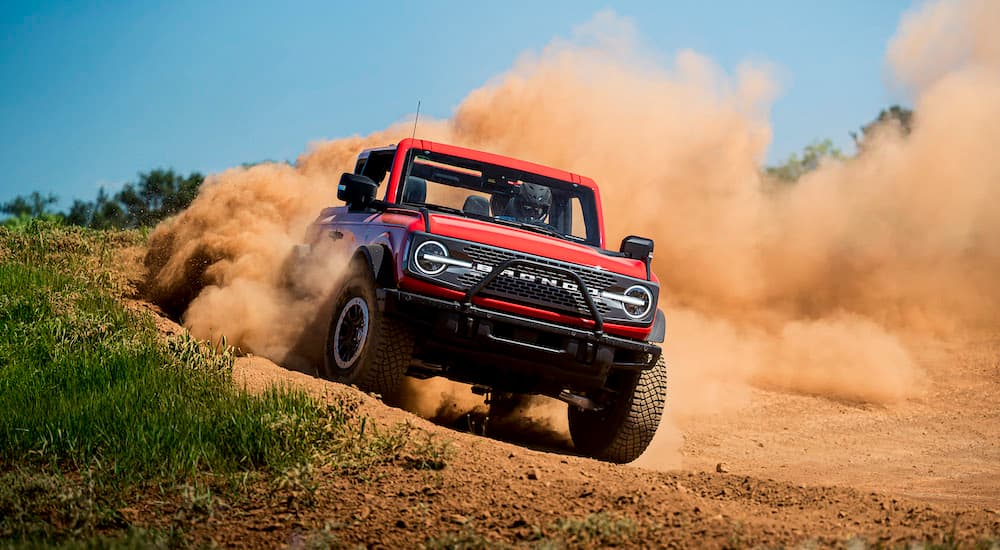 A red 2021 Ford Bronco from the front.