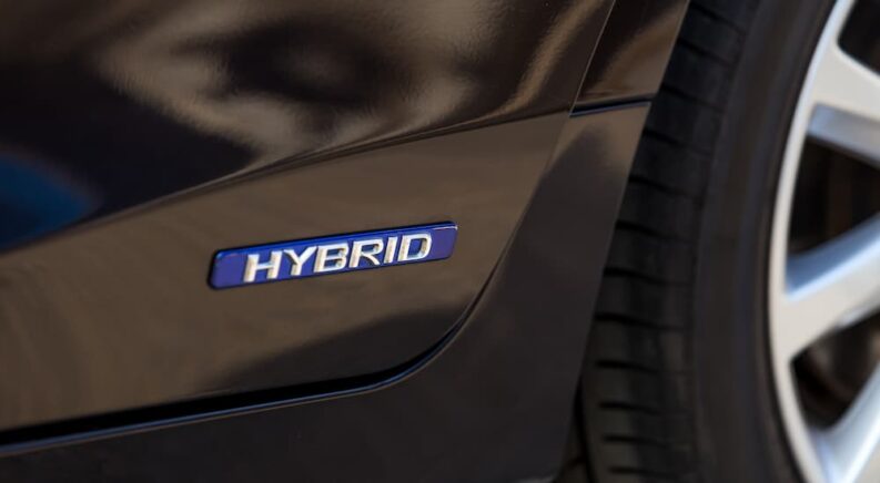 Close-up of blue hybrid badge on a black car