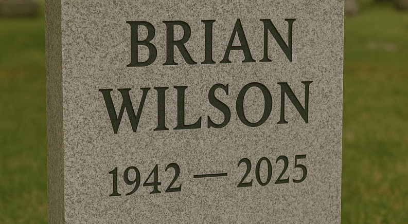 A gravestone with "Brian Wilson1942-2025" engraved on it.