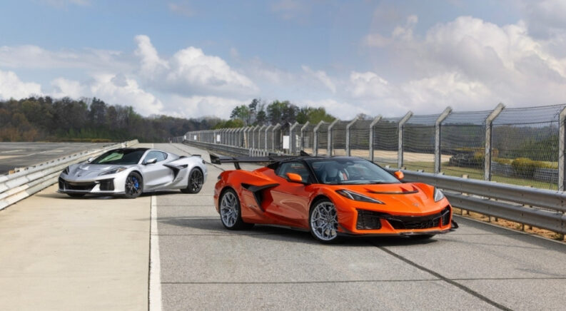A silver and an orange 2026 Chevy Corvette ZR1X from the front.