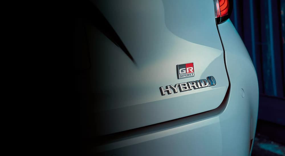 Hybrid badge on the rear of a GR sport from Toyota
