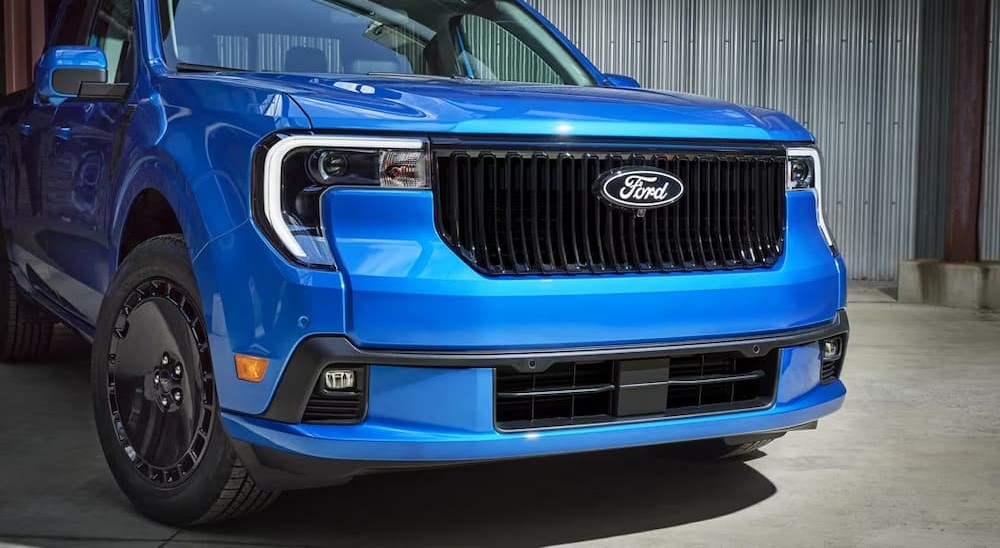 Close-up of the front end on a blue 2025 Ford Maverick Lobo.