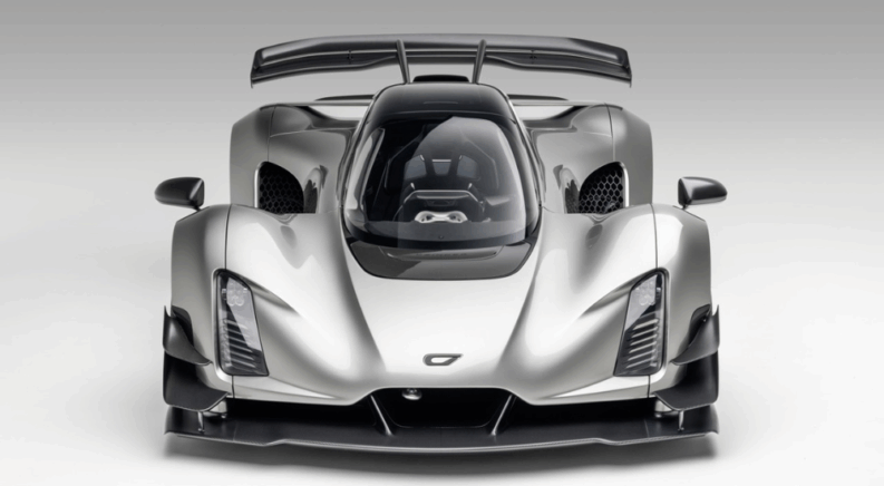 Silver Czinger 21C from the front at a high angle.