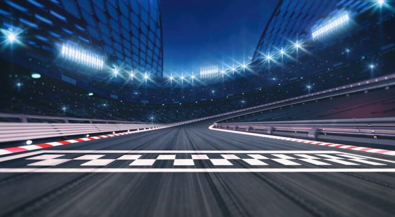 The finish line on a racetrack.