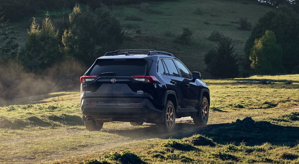 Rear of a blue 2026 RAV4 Woodland off-roading on a trail
