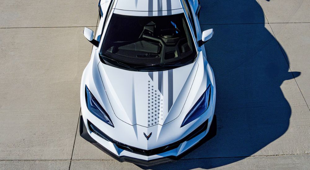 White 2026 Chevy Corvette Z06 Stars and Steel Limited Edition from the aerial view.